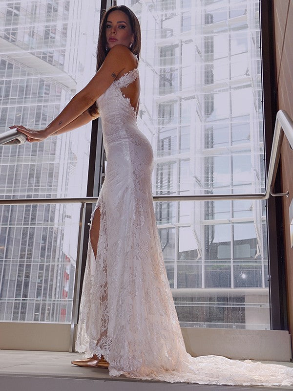 Robe de mariée en dentelle sans manches, dos nu, traîne courte